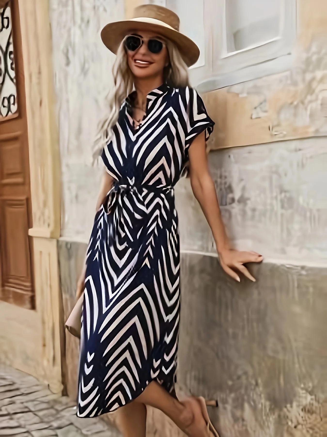 Robe élégante à manches courtes et col en V pour femmes, vêtements décontractés, ceinture à rayures,