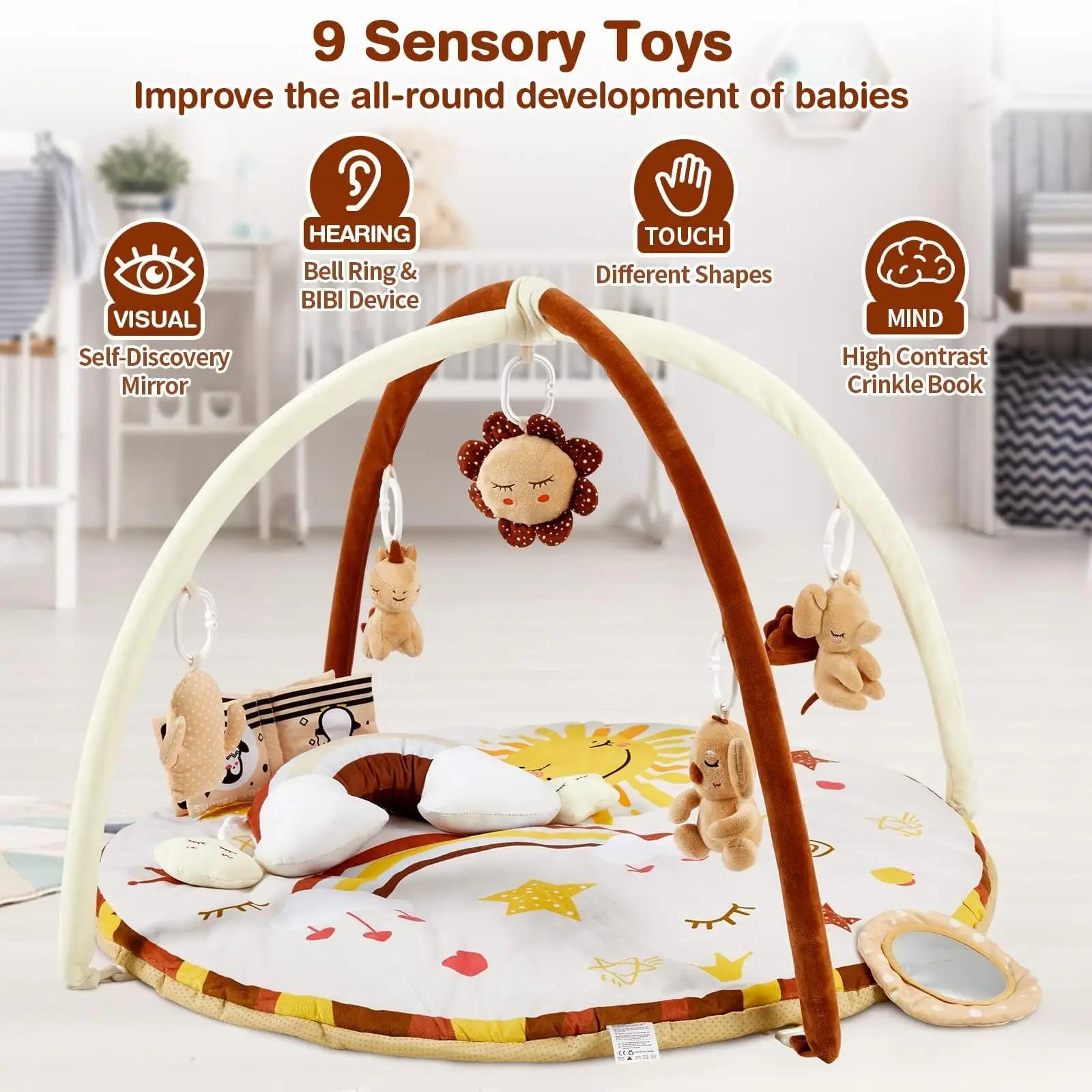 Tapis de jeu pour bébé avec arche d'activités 2-en-1, tapis antidérapant avec 9 jouets sensoriels dé