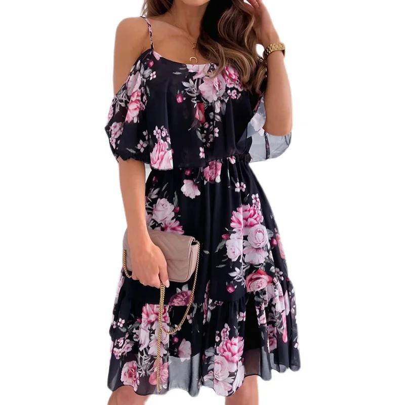 Robe d'été en mousseline de soie pour femmes, col en v, sans manches, écharpe, Camisole, imprimé, bo