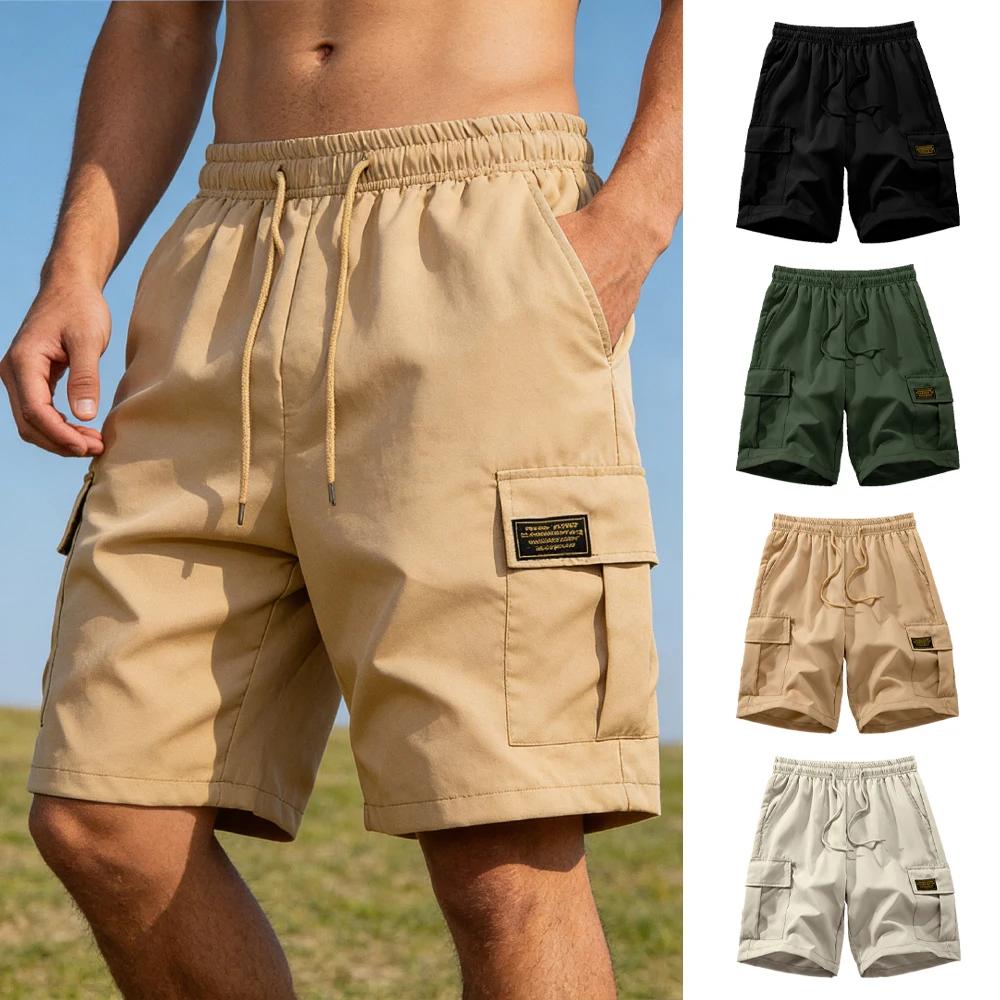 Shorts cargo d'été pour hommes, couleur unie, avec cordon de serrage, poches à rabat, décontractés, 