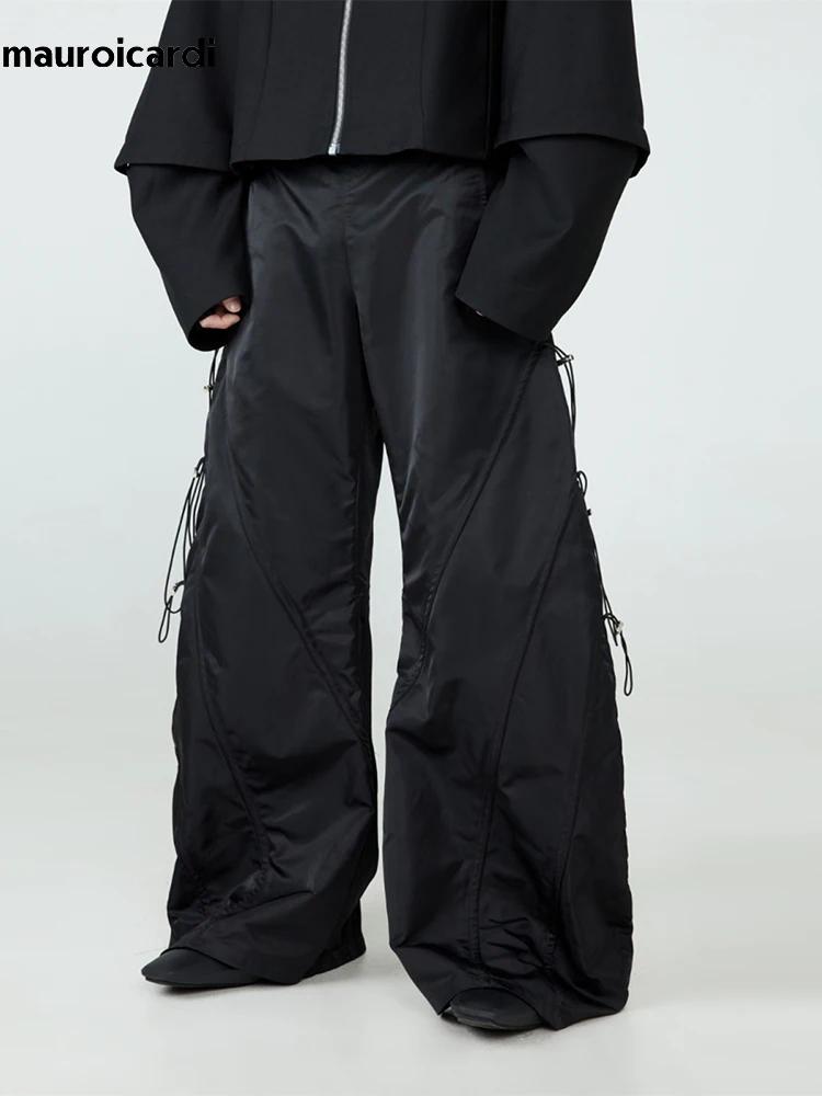 Mauroicardi-Pantalon Baggy Noir à Jambes Larges pour Homme, Taille artificiel astique, Long, Décontr