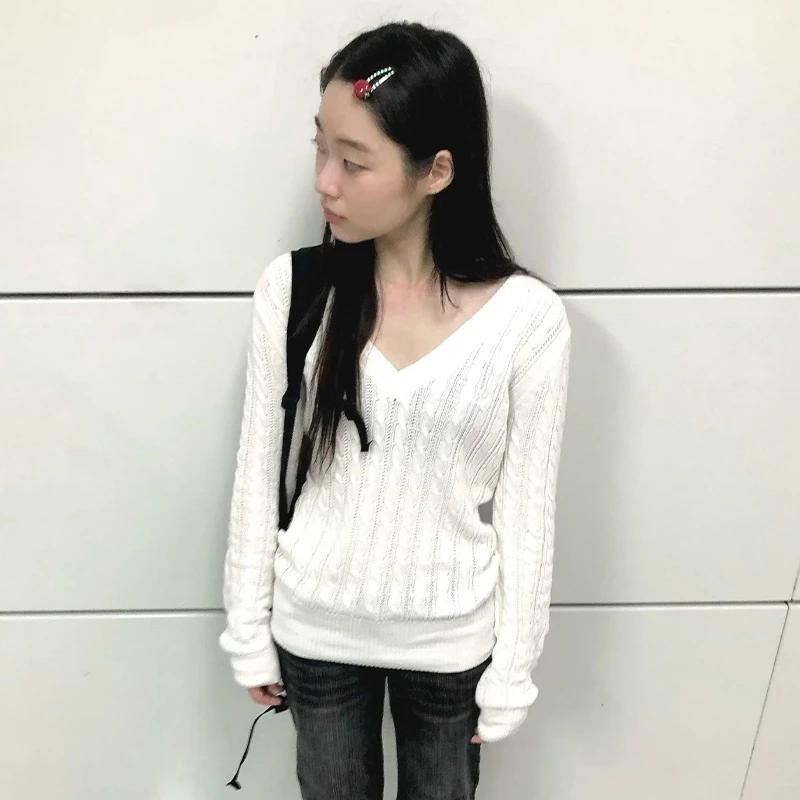 Karrram japonais Y2k col en v blanc pull Vintage Harajuku tricot mince pull Style coréen automne hiv
