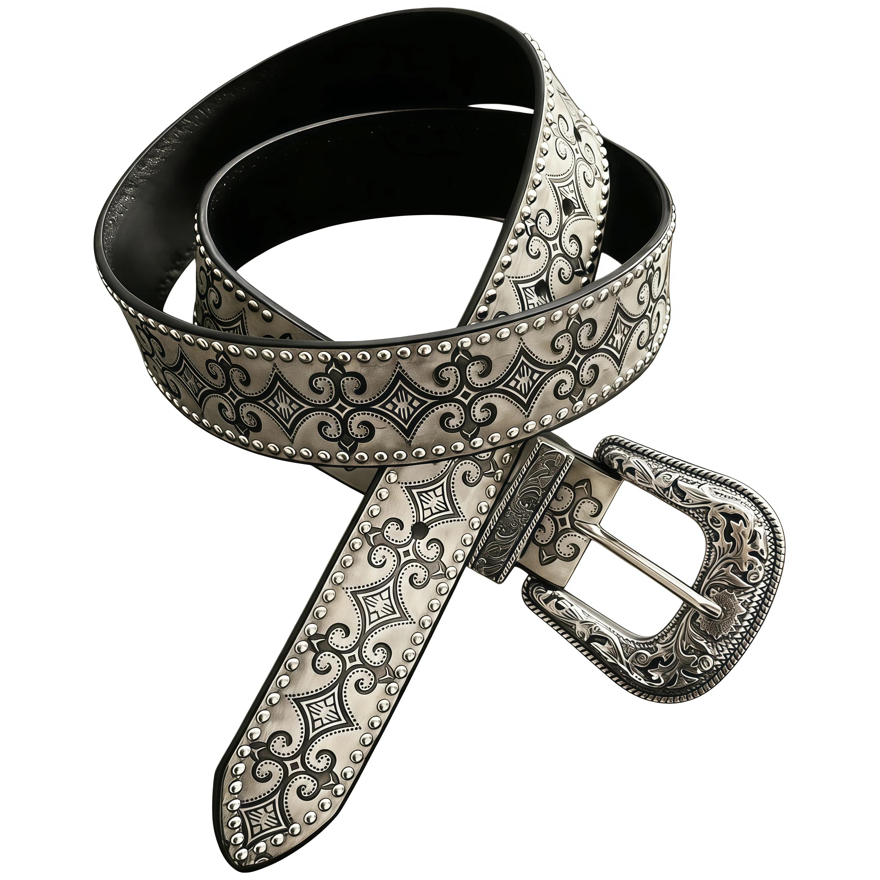 Ceinture en cuir cloutée à motifs vintage avec motifs floraux gris, texture haut de gamme, style hip