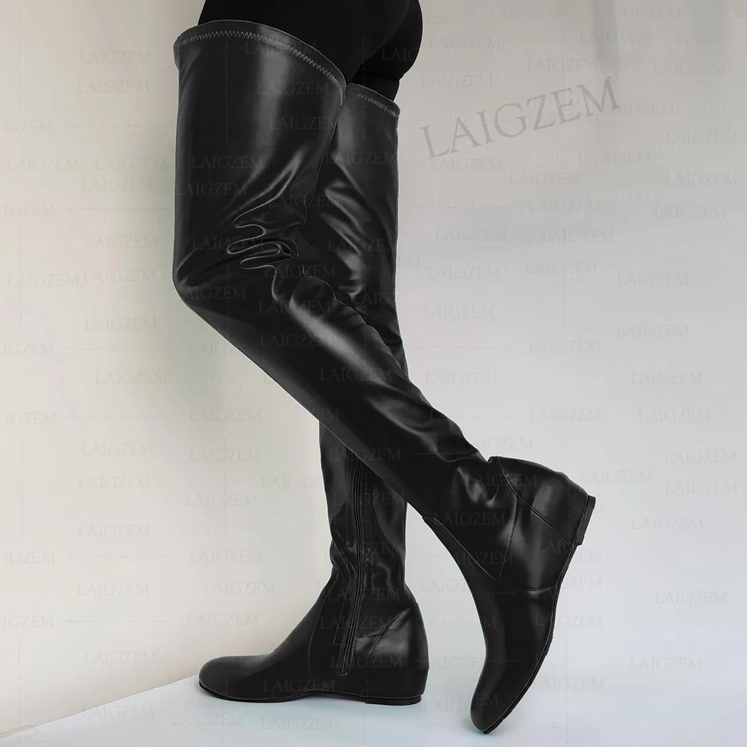 LAIGZEM femmes cuissardes en Faux cuir bout rond fermeture éclair latérale mi talons cachés bottes d
