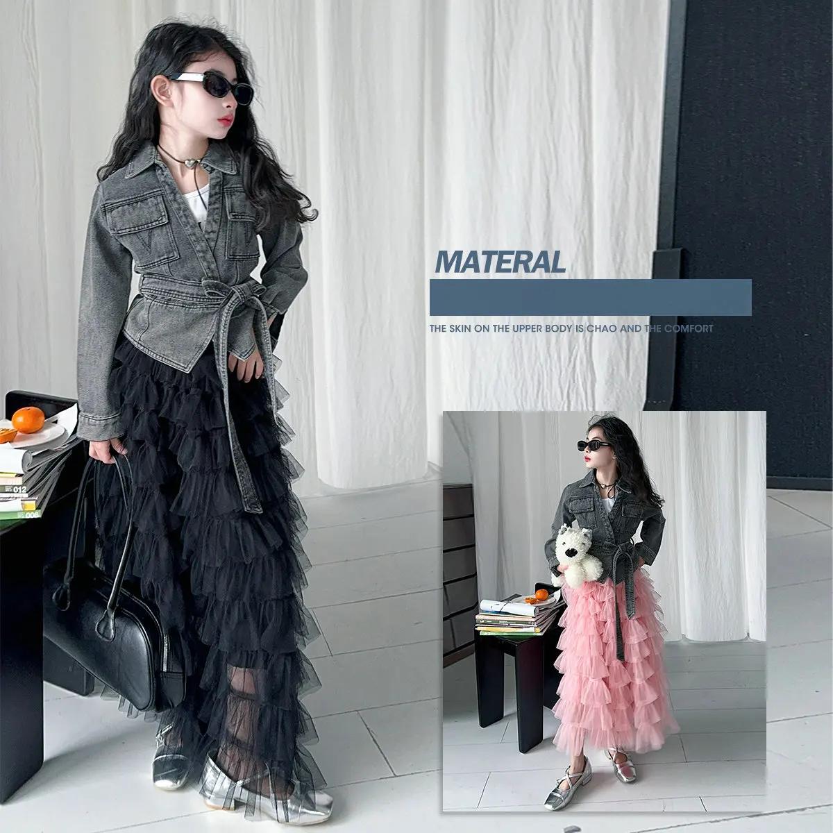 4-14 design français adolescents filles vêtements veste en jean roupas femininas infantil maille jup