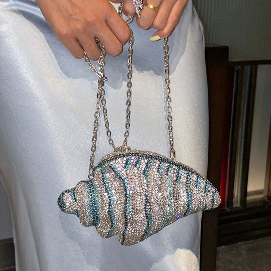 Lady Conch bleu/or cristaux pochette sac à main femme sac de soirée mariage diamant mariée sac à mai