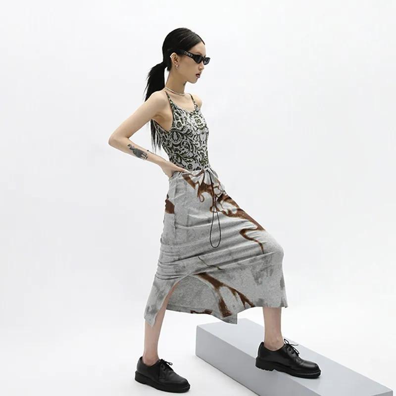 Karrcat-Jupe Mi-Longue Imprimée Grunge Irrégulière, Vintage Japonais, Harajuku, E-girl, Fente Latéra