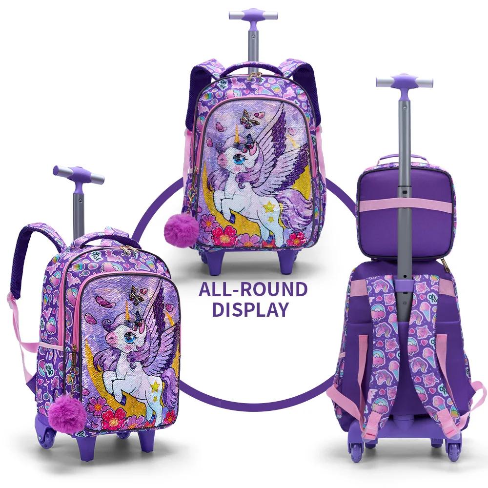 Ensemble de 3 sacs à dos roulants pour filles, sacs à roulettes avec motif de lune et de licorne de 