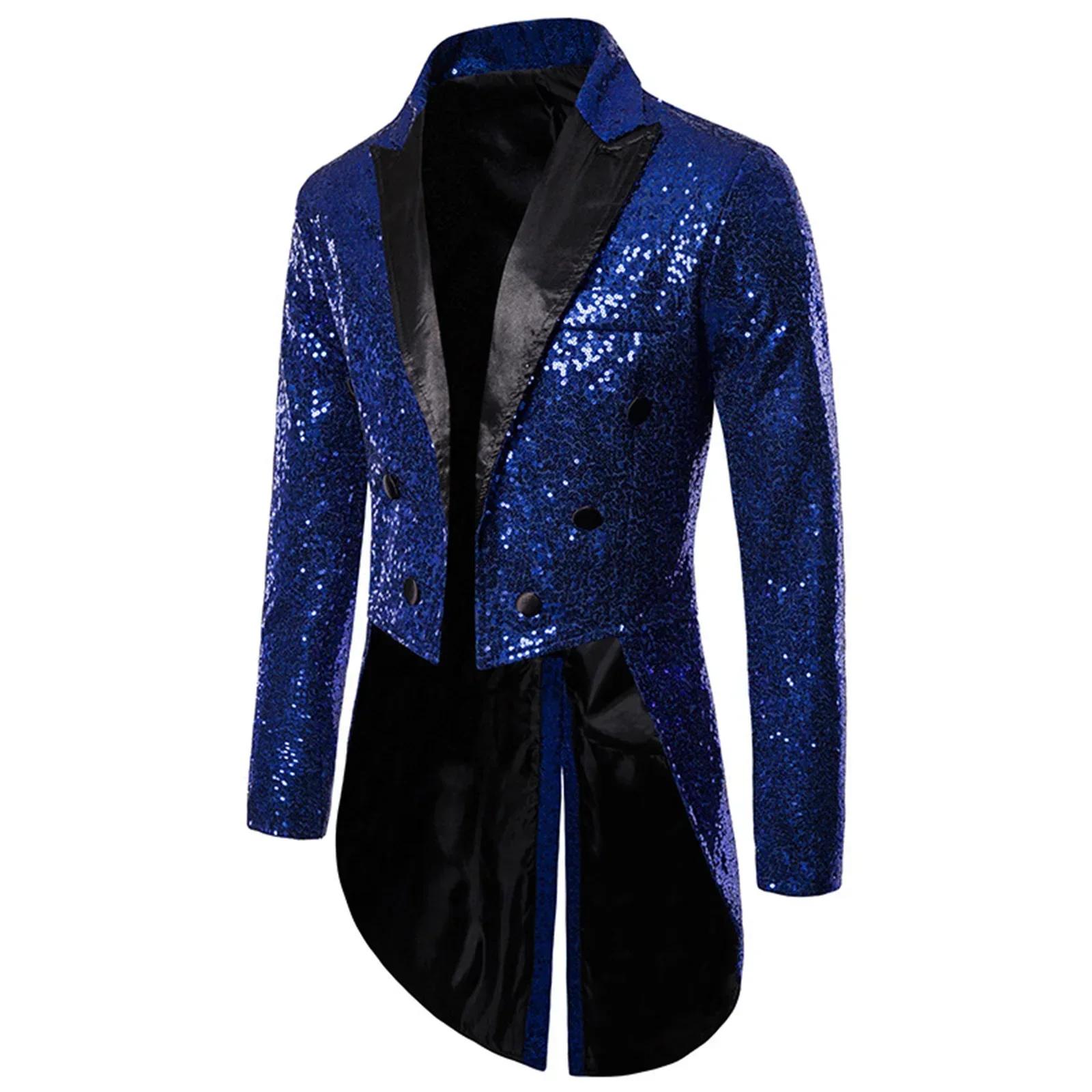 Manteau de luxe à paillettes brillantes pour hommes, Costume de cirque à revers, tenue de smoking po