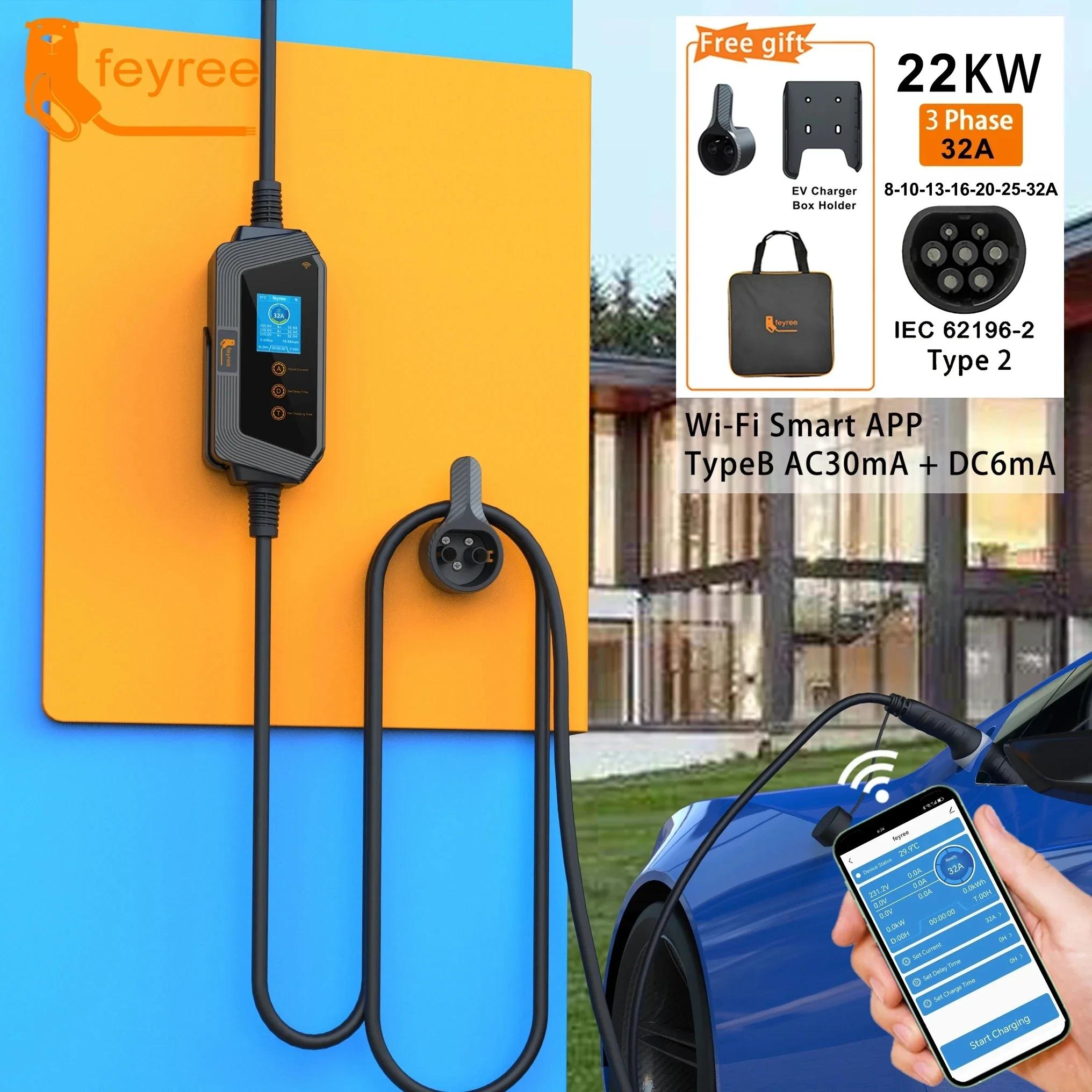 Feyree 22KW 32A 3 phases Type2 chargeur EV Portable Wi-Fi APP contrôle EVSE boîte de charge Station 