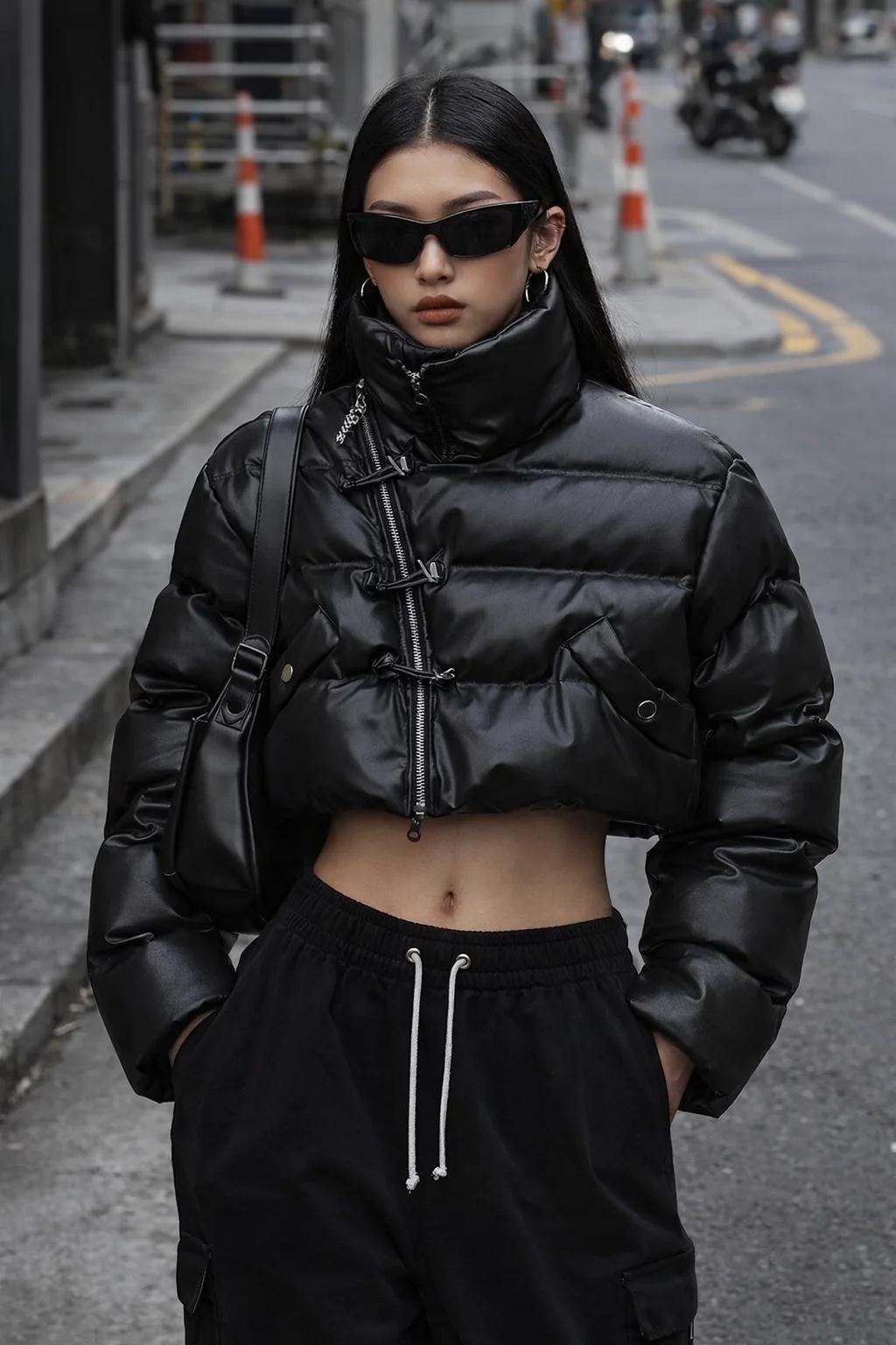 Doudoune Gothique en Faux Cuir pour Femme, Manteau à Bulles, Fermeture Éclair, Col Montant, Chaud, P
