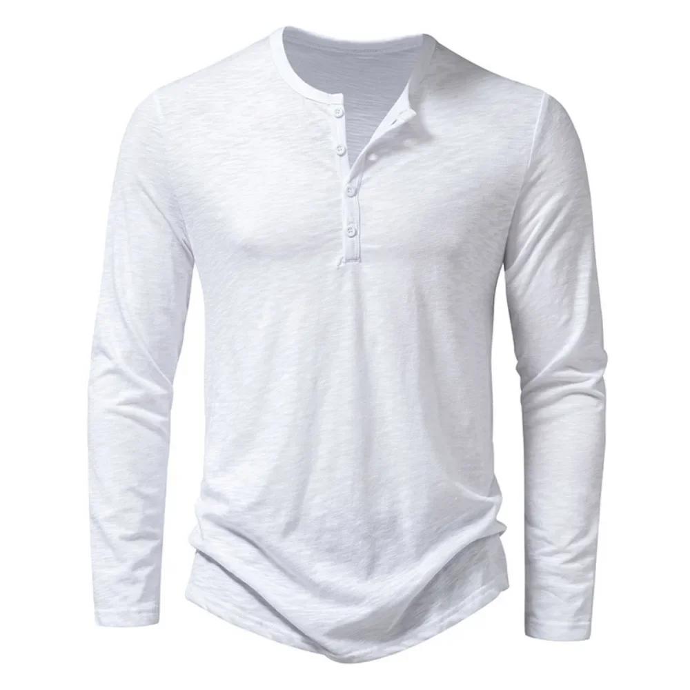T-Shirt à Manches sulfet Col Henley en Coton pour Homme, Décontracté, Solide, Respirant, Polyvalent,