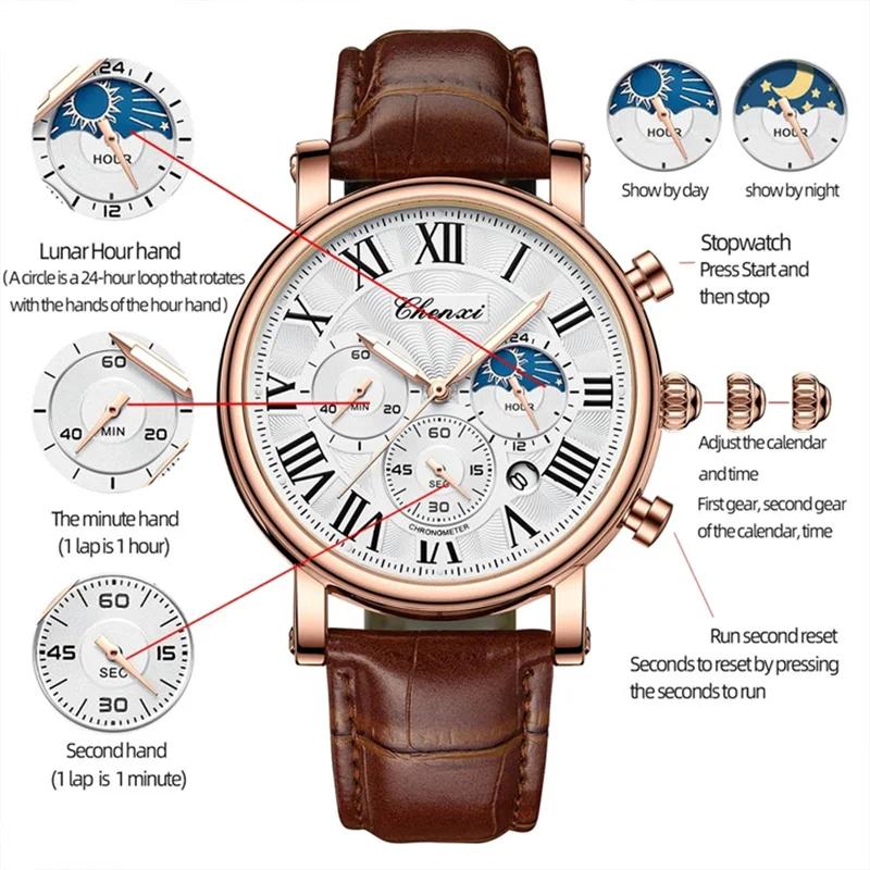 CHENXI 973 multi-fonction affaires Phase de lune Date étanche Rome analogique importé hommes montre-