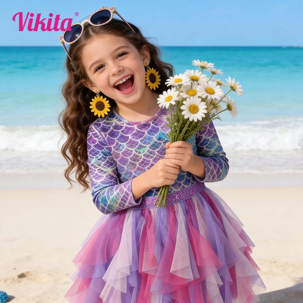 VIKITA-Robe Tutu à Manches sulfpour Fille, Tenue de Princesse, Irrégulière, en Tulle et Maille, Impr