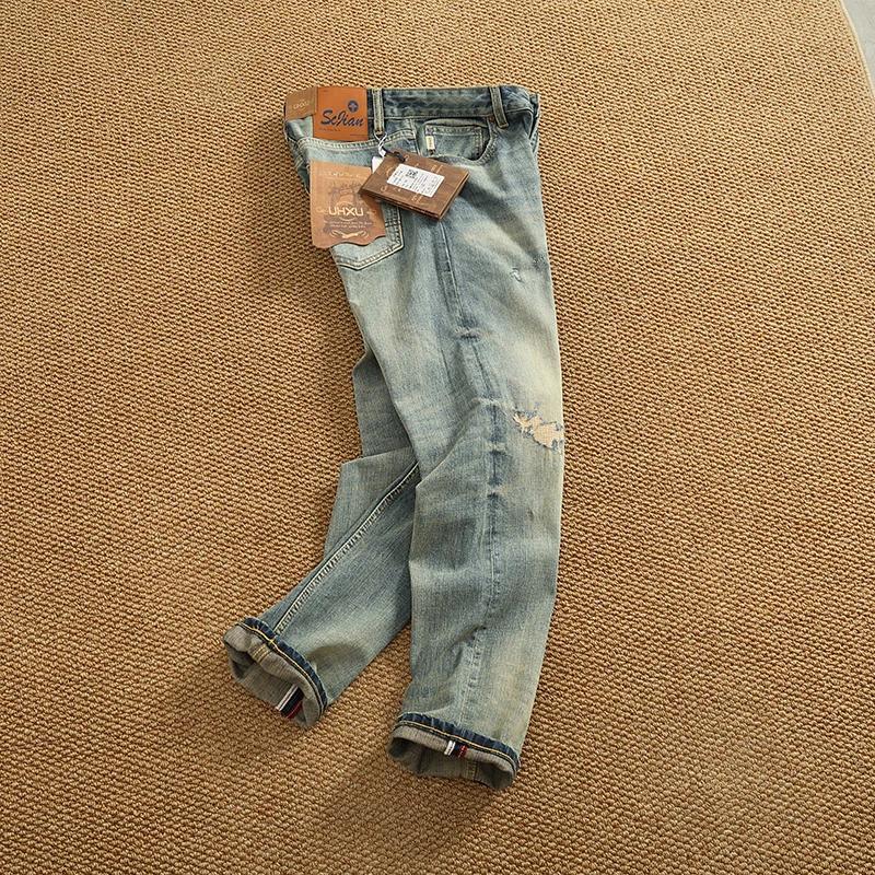 Jean en Denim Patchwork de style rétro américain pour hommes, pantalon droit effilé, extensible, dél