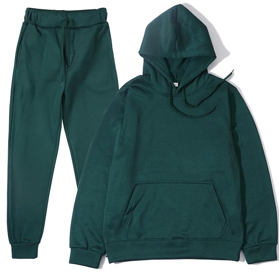 Homme automne et hiver nouvelle couleur unie sweat à capuche + pantalon deux pièces ensemble à la mo