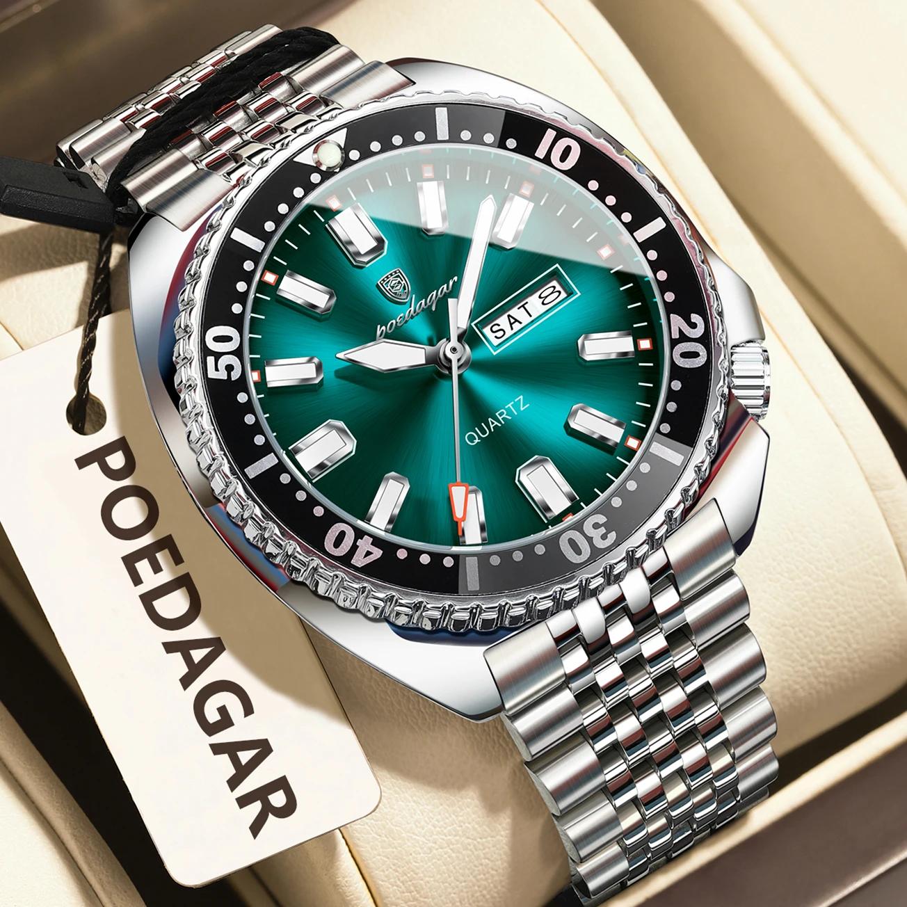 POEDAGAR luxe hommes d'affaires montre Date semaine étanche lumineux homme montre-bracelet Sport en 