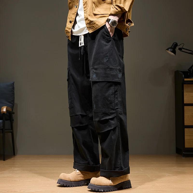 Pantalon Cargo Baggy pour hommes, avec poches, 100% coton, cordon de serrage, taille élastique, jamb