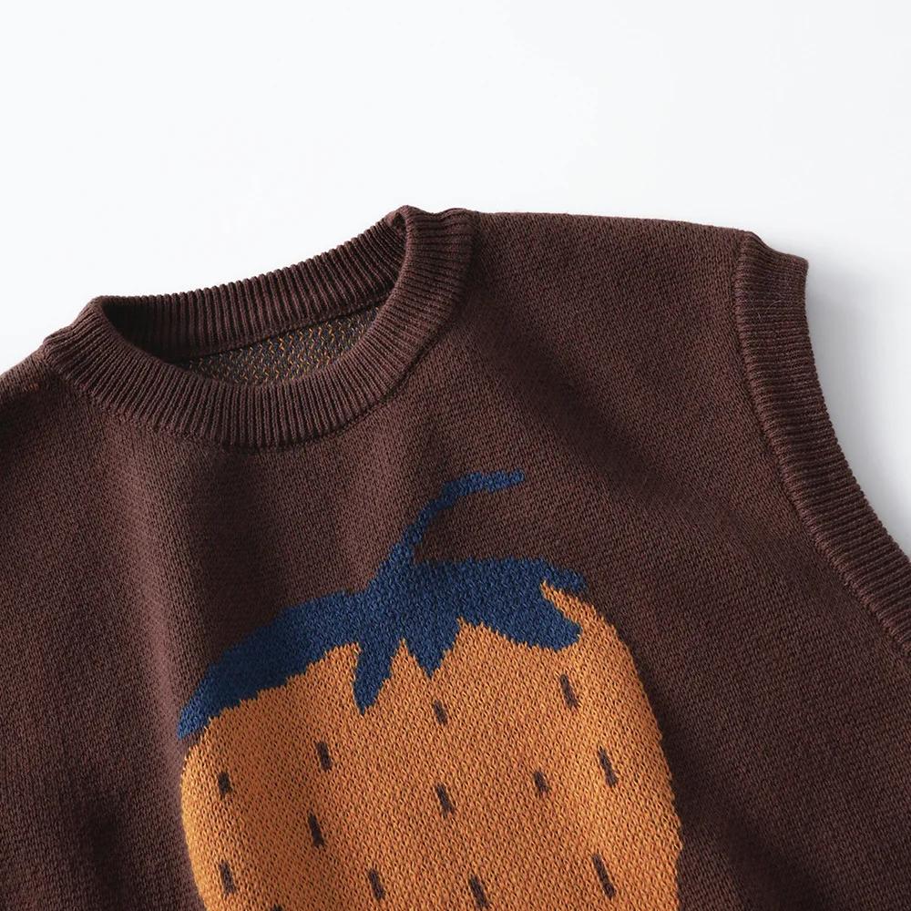 Gilet tricoté marron café pour enfants, pull sans manches à motif de fruits de dessin animé, pour en