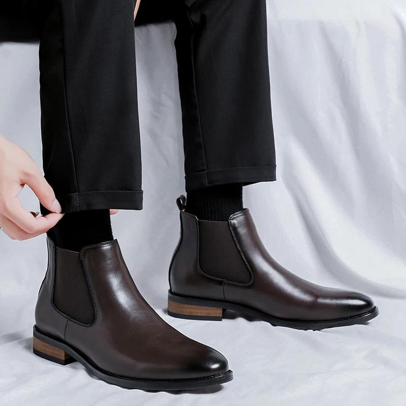 Bottes Chelsea pour hommes à bout pointu, chaussures en cuir polyvalentes à tige haute, style rétro 