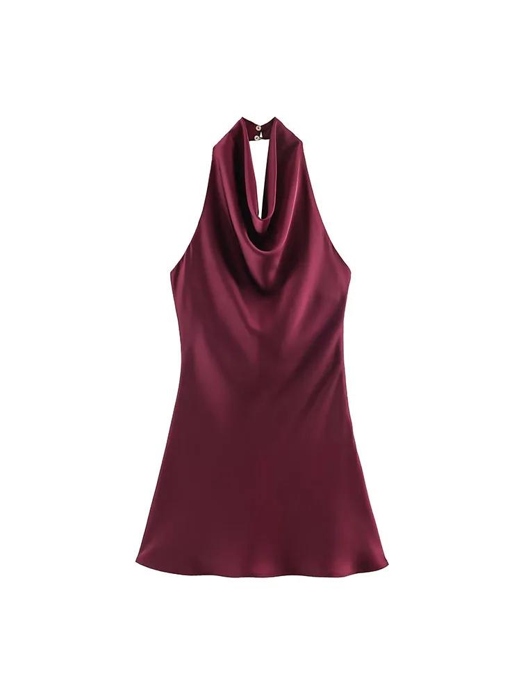 Robe Courte Halter Élégante en Satin pour Femme – Collection Été 2026 – Sexy, Dos Nu, Couleur Unie –