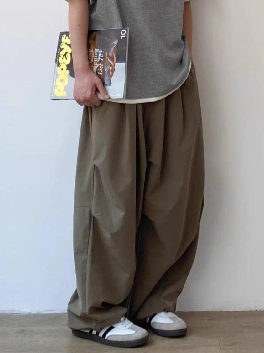 Pantalon décontracté unisexe plissé ample taille élastique coupe droite couleur unie style vintage j