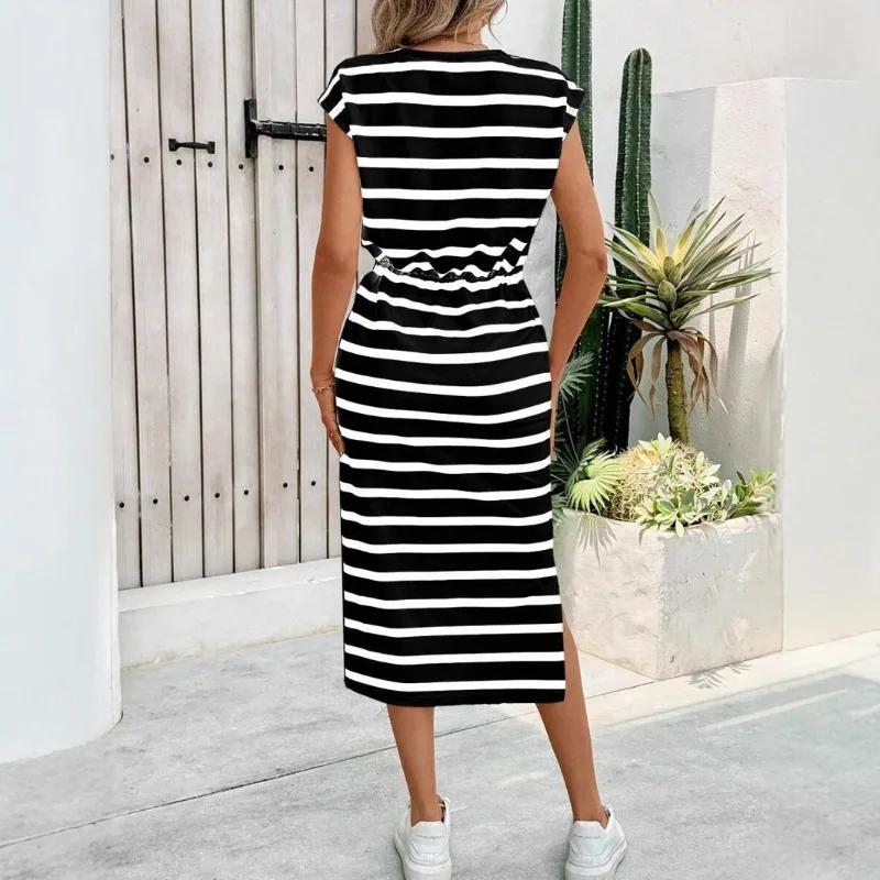 Robe décontractée à rayures noires et blanches pour femmes, col rond, robe blanche, robe d'été