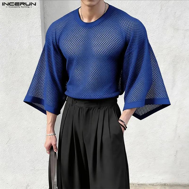 INCERUN T-shirt Homme Uni en Maille Transparente Sexy Oversize Vêtements Streetwear 2026 Manches 3/4