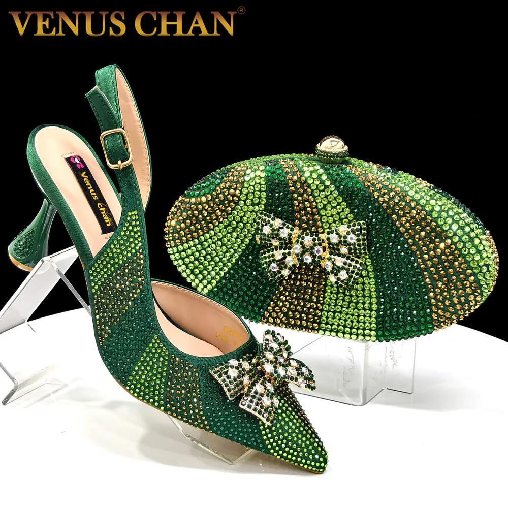 Venus Chan – chaussures et sacs à talons hauts pour femmes, couleur verte, bout pointu, strass, soir