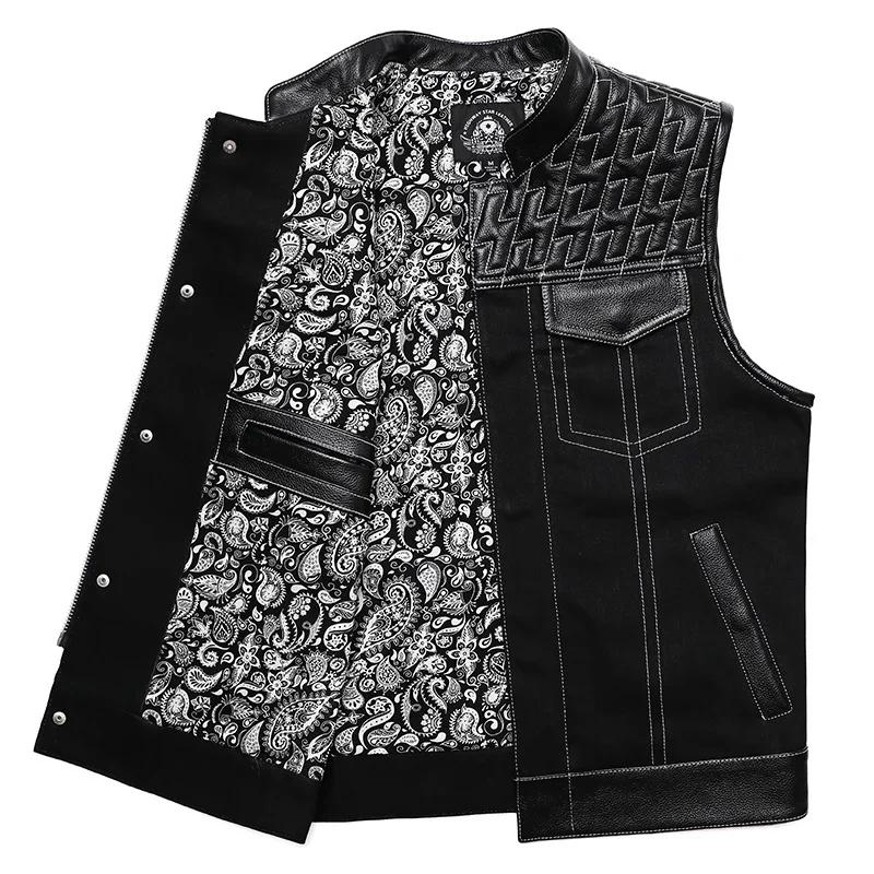 SOA-Gilet de motard en cuir de vachette pour homme, veste en cuir de moto, veste en jean patchwork, 