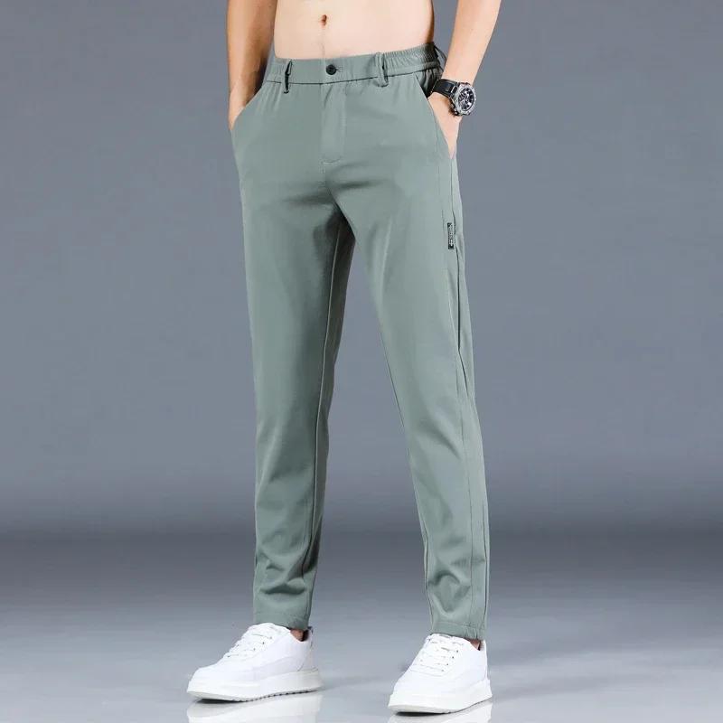 Pantalon fin en soie glacée pour hommes, extensible, décontracté, taille élastique, lisse, vêtements