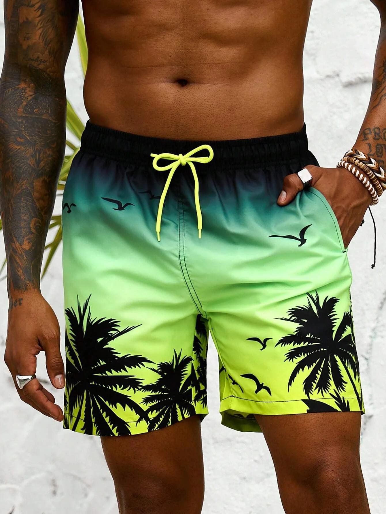 Short de bain respirant avec imprimé palmier pour hommes, short de planche à la taille, maillot de b