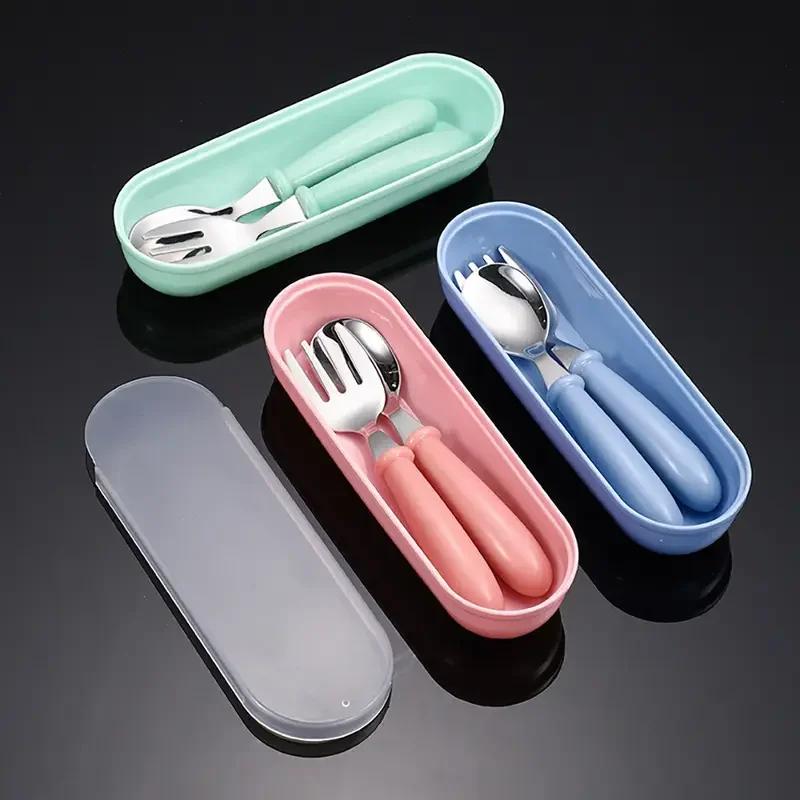 Ensemble de 2 couverts pour enfants en acier inoxydable, cuillère/fourchette, boîte adaptée aux couv