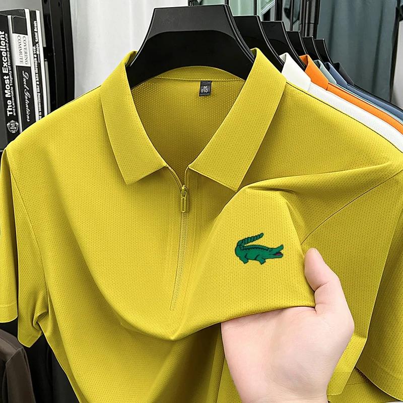 Polo texturé premium pour homme, sans couture, demi-zip, imprimé crocodile, manches courtes, col rev