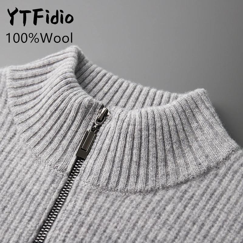 YTFidio-Pull à col mi-haut pour homme, 100% laine, pull à fermeture éclair avec poche, cardigan épai