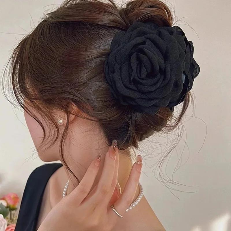 Pince à cheveux française romantique en forme de fleur de Rose pour femmes, grande pince à requin él
