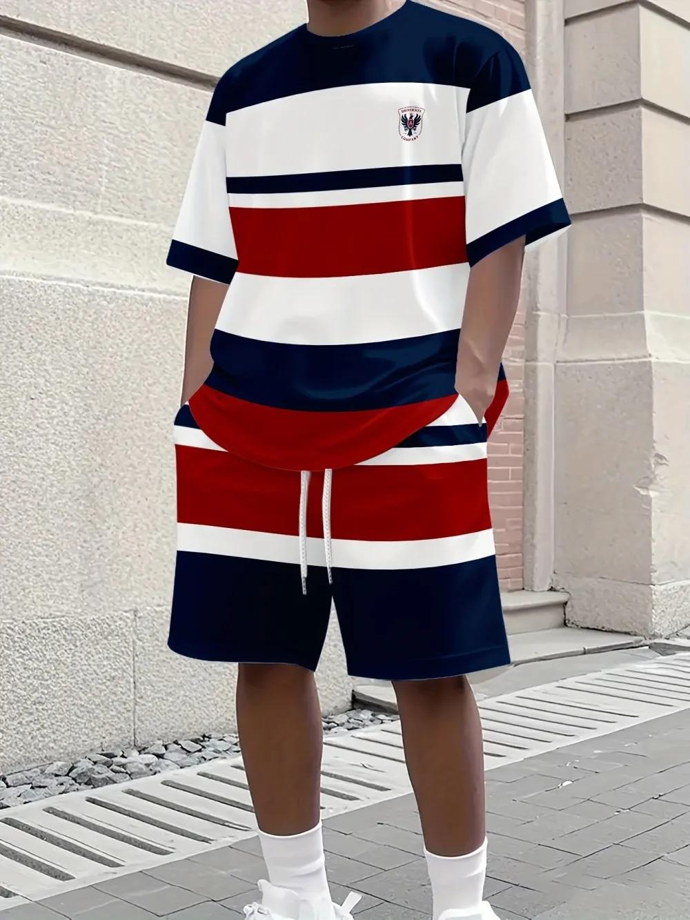 Vente chaude hommes épissé à la mode motif imprimé respirant col rond T-shirt ensemble short et haut