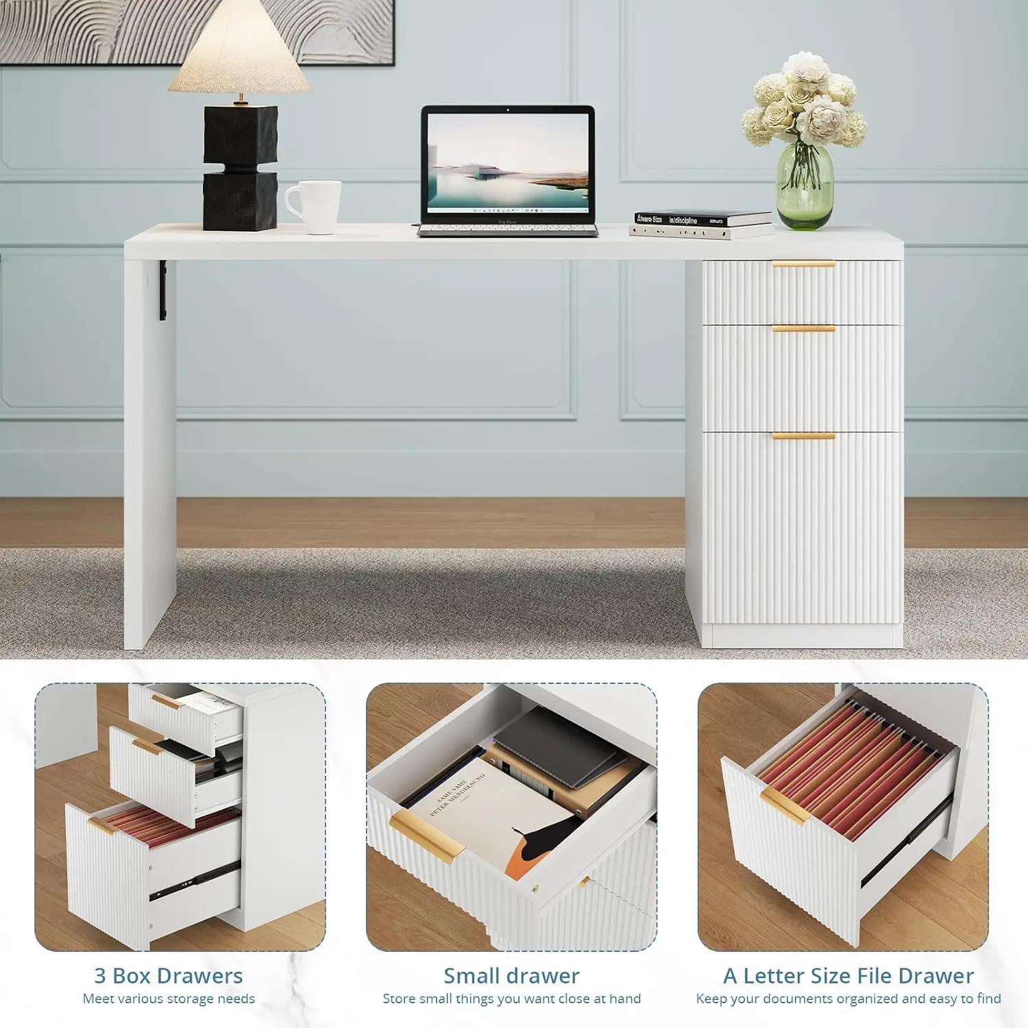 Bureau de direction moderne de 58 pouces avec rangement, bureau de télétravail avec tiroir et armoir