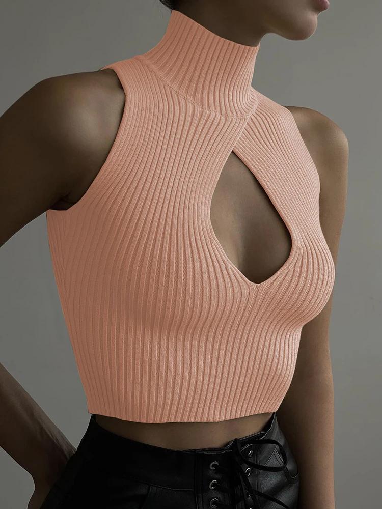 Cryptographic – haut court tricoté sans manches pour femmes, élégant, Sexy, découpé, à la mode, déba