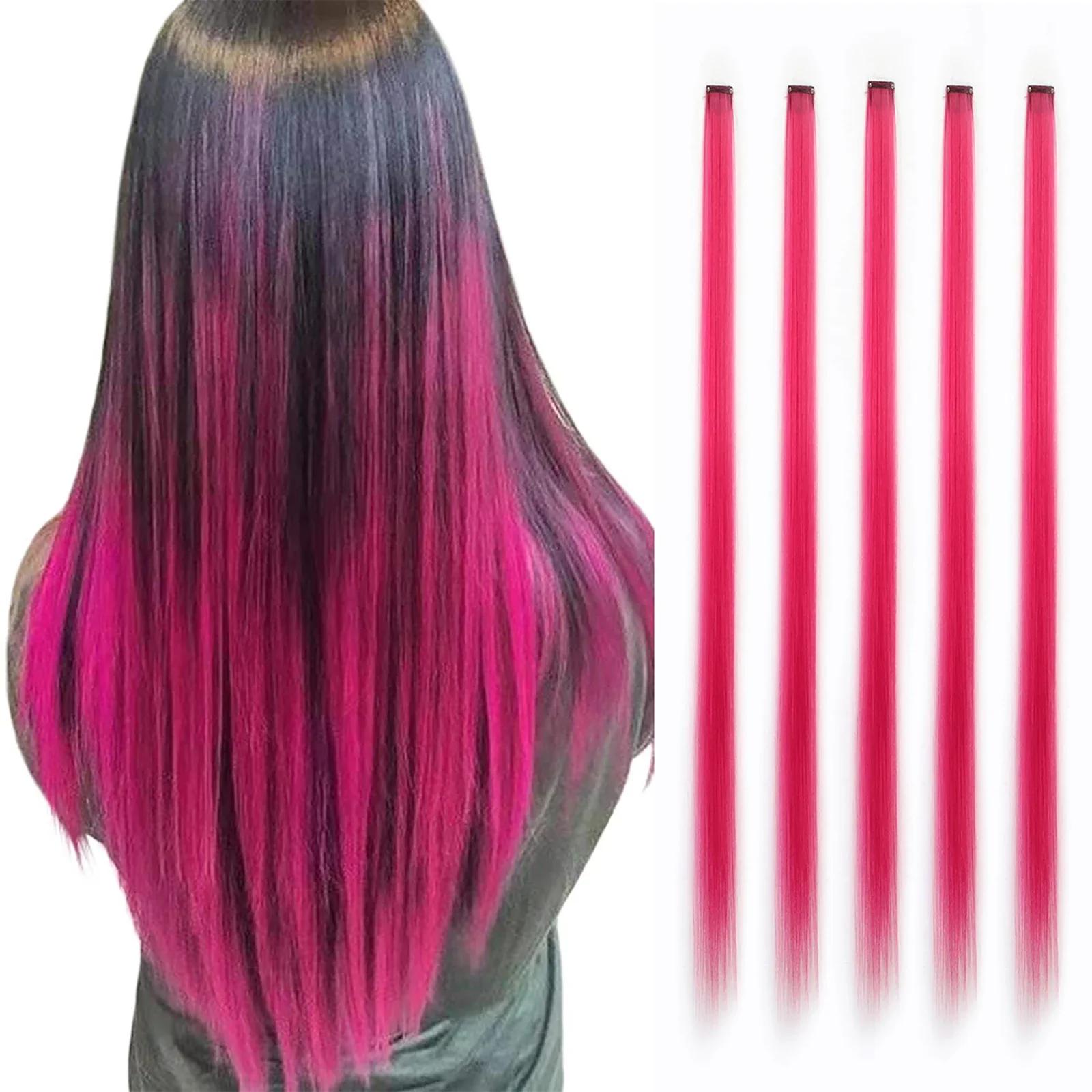 Extensions de cheveux synthétiques colorées à clips, 5 pièces, Extensions de cheveux colorées arc-en