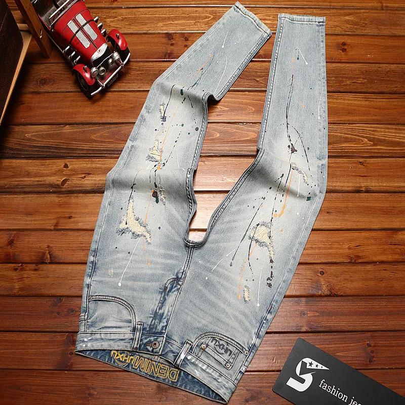 Jean déchiré pour hommes, coupe slim avec petits pieds, imprimé d'encre éclaboussée, pantalon à la m