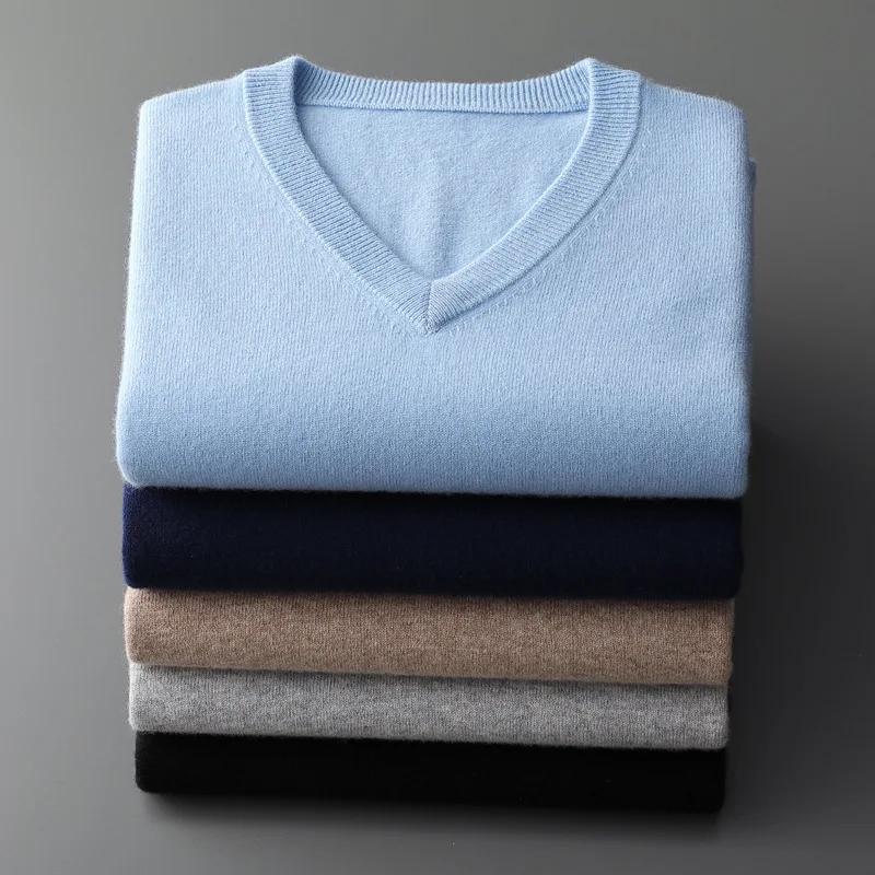 Cachemire coton mélange classique col en v tricoté pull hommes pull 2024 automne hiver doux chaud af