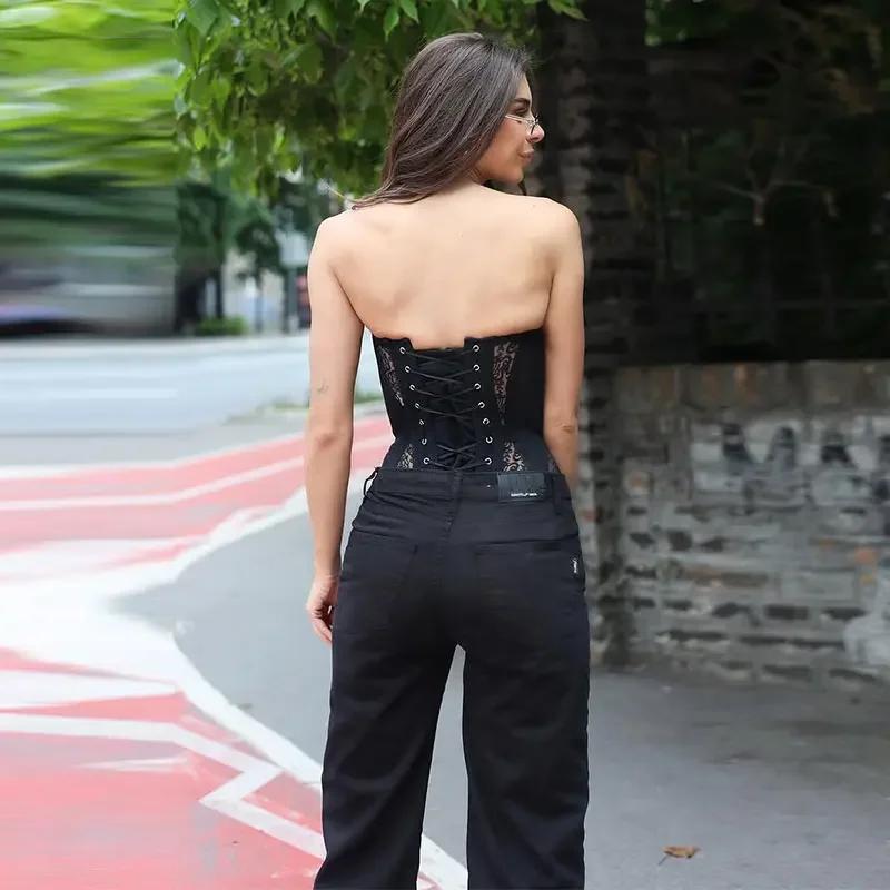 Hottie Top dentelle creux Sexy sans manches sans bretelles serré Corset femmes été mode tendance rue