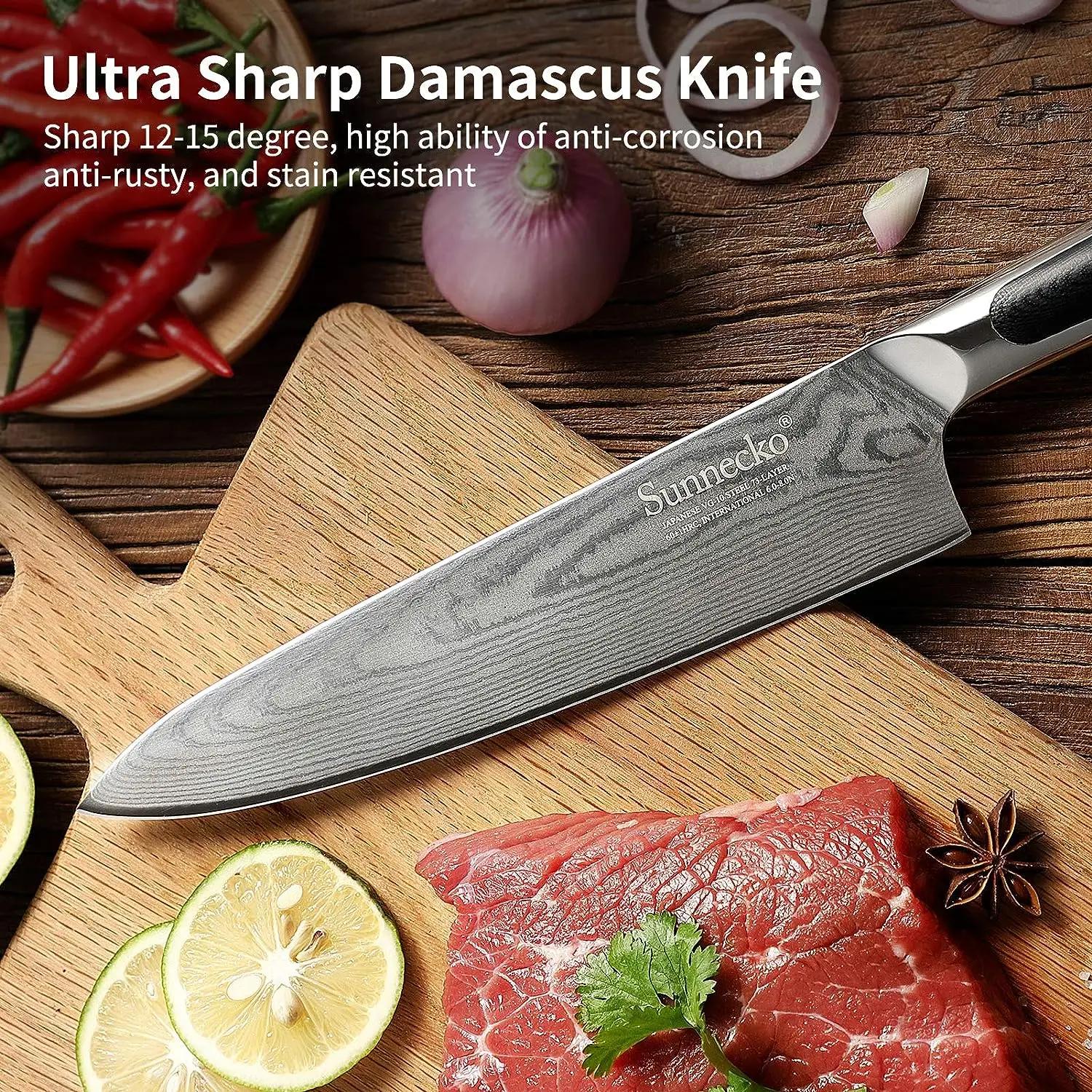 Sunnecko damas couteaux de cuisine 1-8 pièces/ensemble VG10 damas acier couperet Santoku fruits éplu