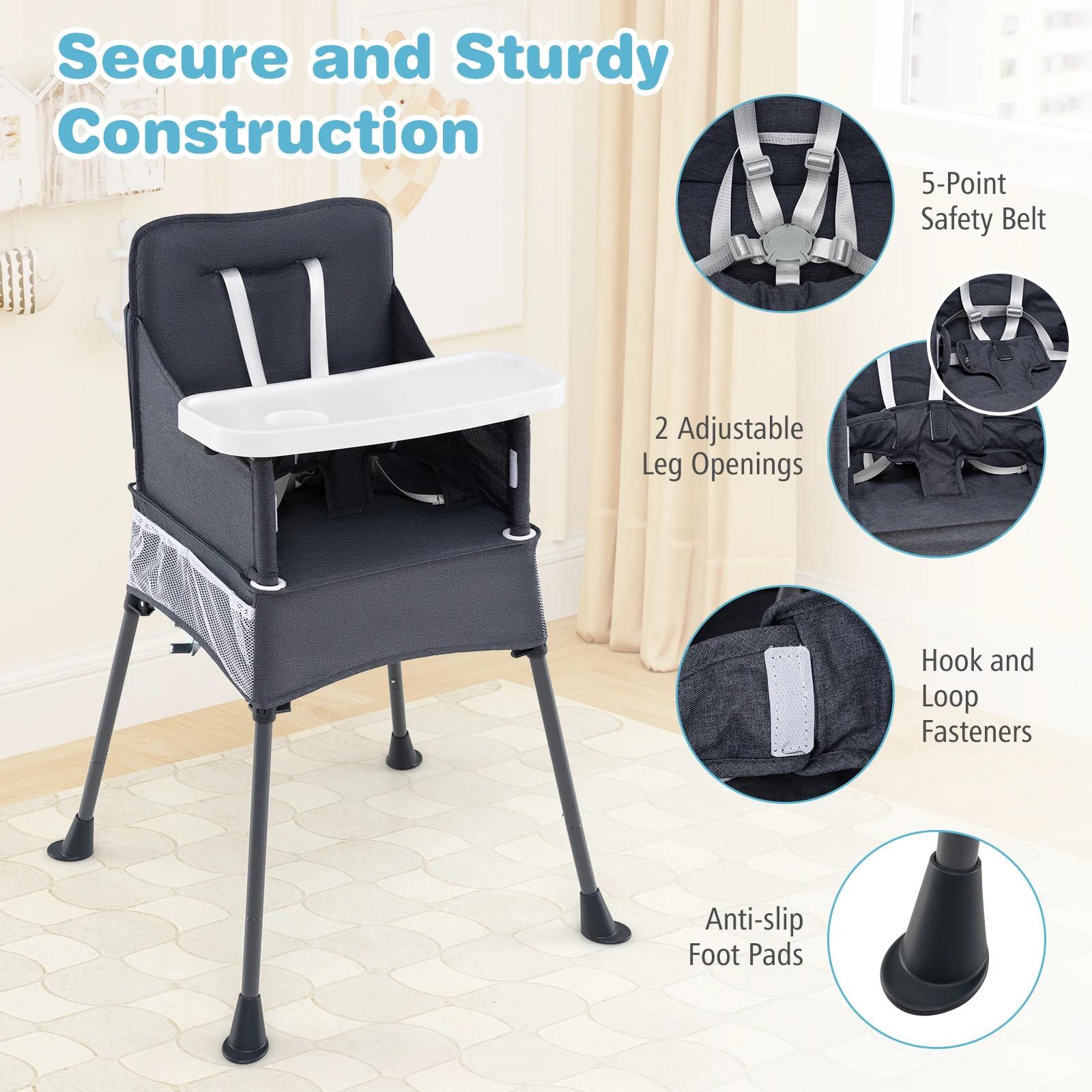 Chaise haute pliante pour bébé avec plateau réglable, sac de rangement et ceinture de sécurité, chai