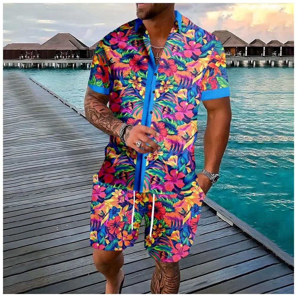Chemise hawaïenne flamant cocotier impression 3d chemise à manches courtes + Short 2 pièces ensemble