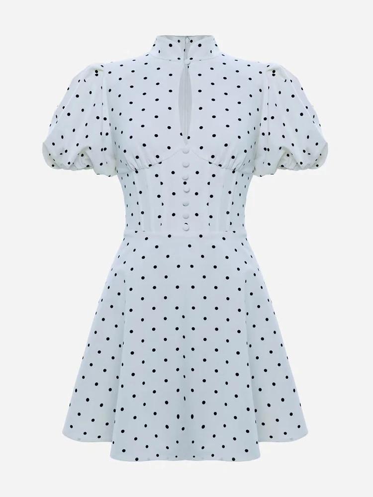 Robe Courte Rétro à Pois Coupe Trapèze pour Femme, Élégante, Col Montant, Manches Courtes Bouffantes