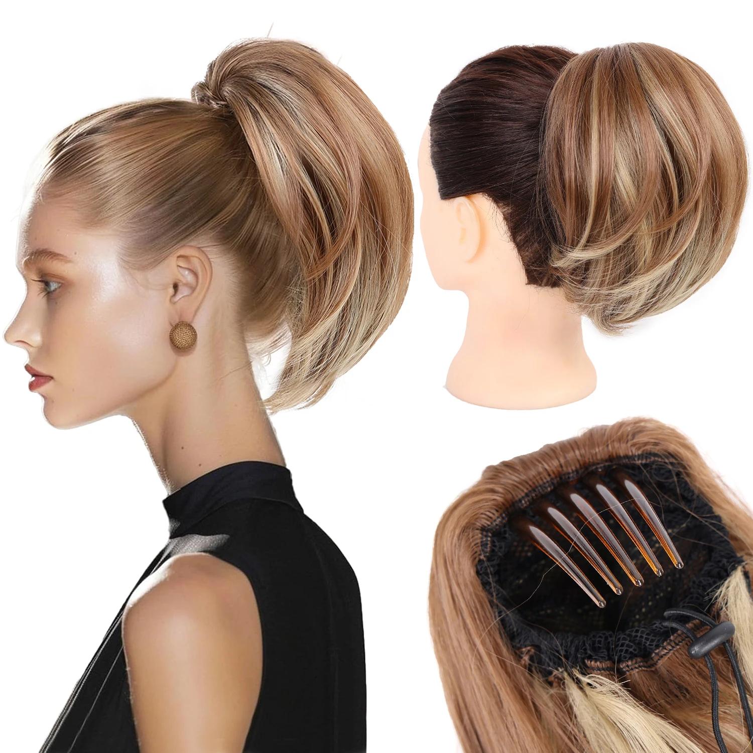 Chignon synthétique postiche entièrement court queue de cheval Chignon brun mélange blond Chignon av