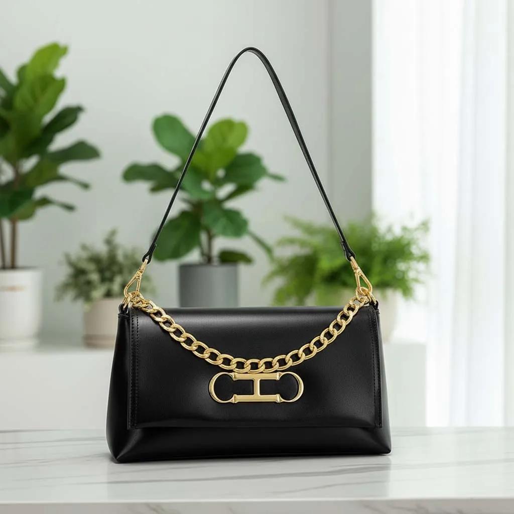 Sac à rabat en cuir de luxe CH, gaufrage premium, chaîne métallique brillante, fermeture éclair liss