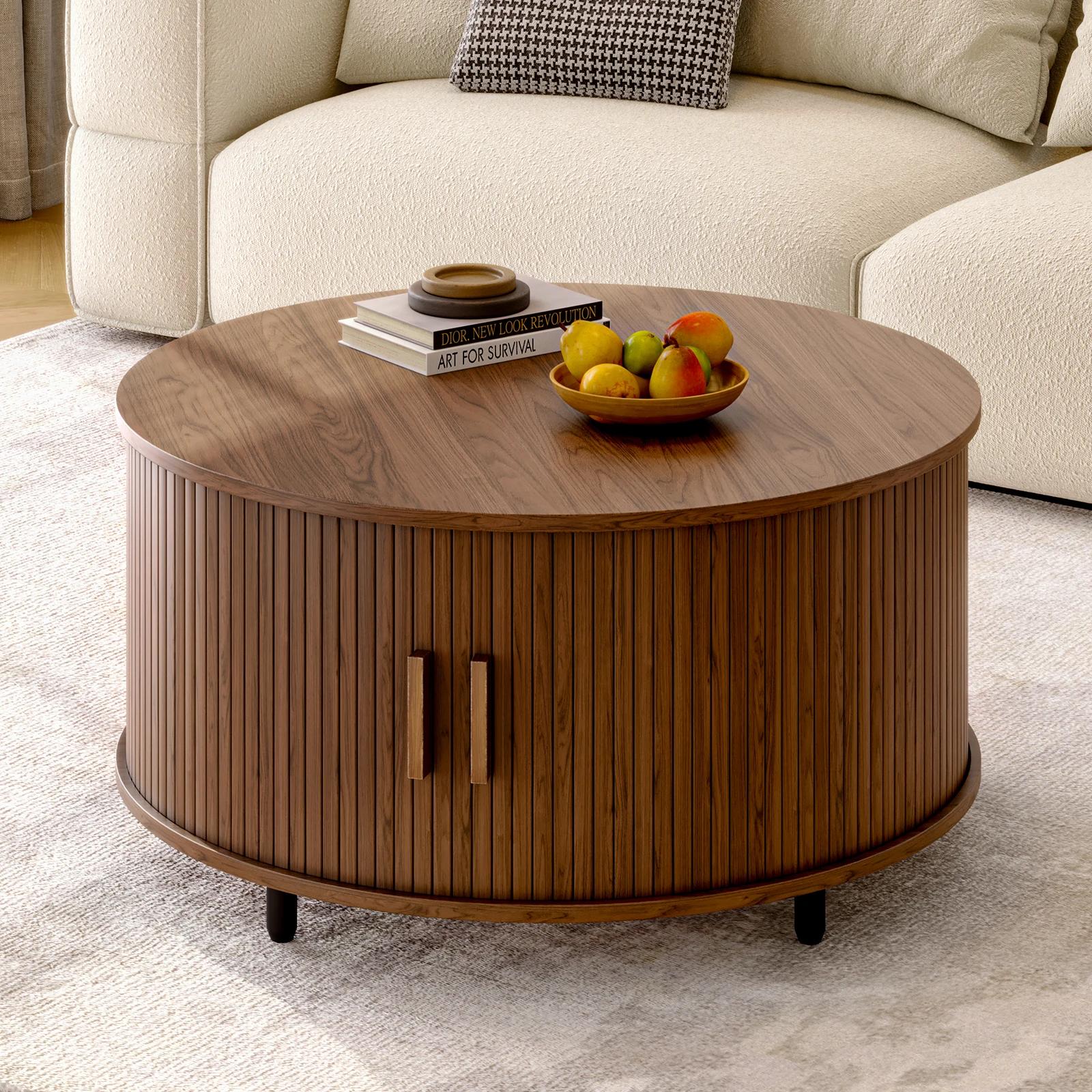 Table basse ronde avec rangement, table basse moderne de 31,5 po avec 360 °   Porte coulissante incu